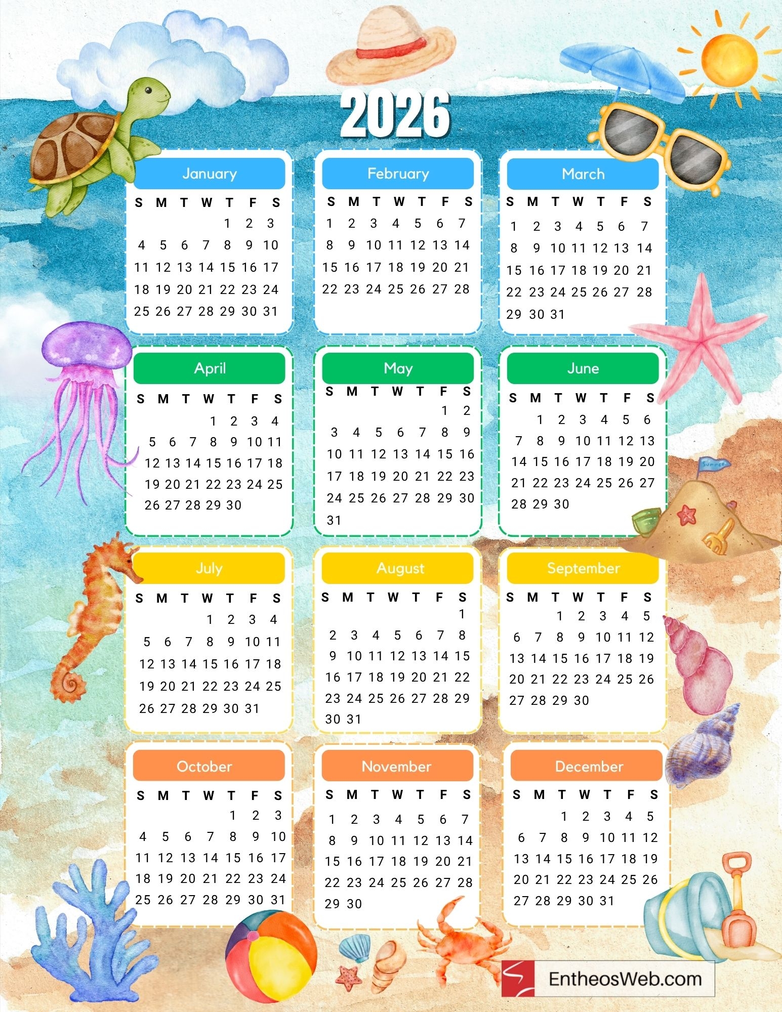 2026 Calendar Printable Cute Free