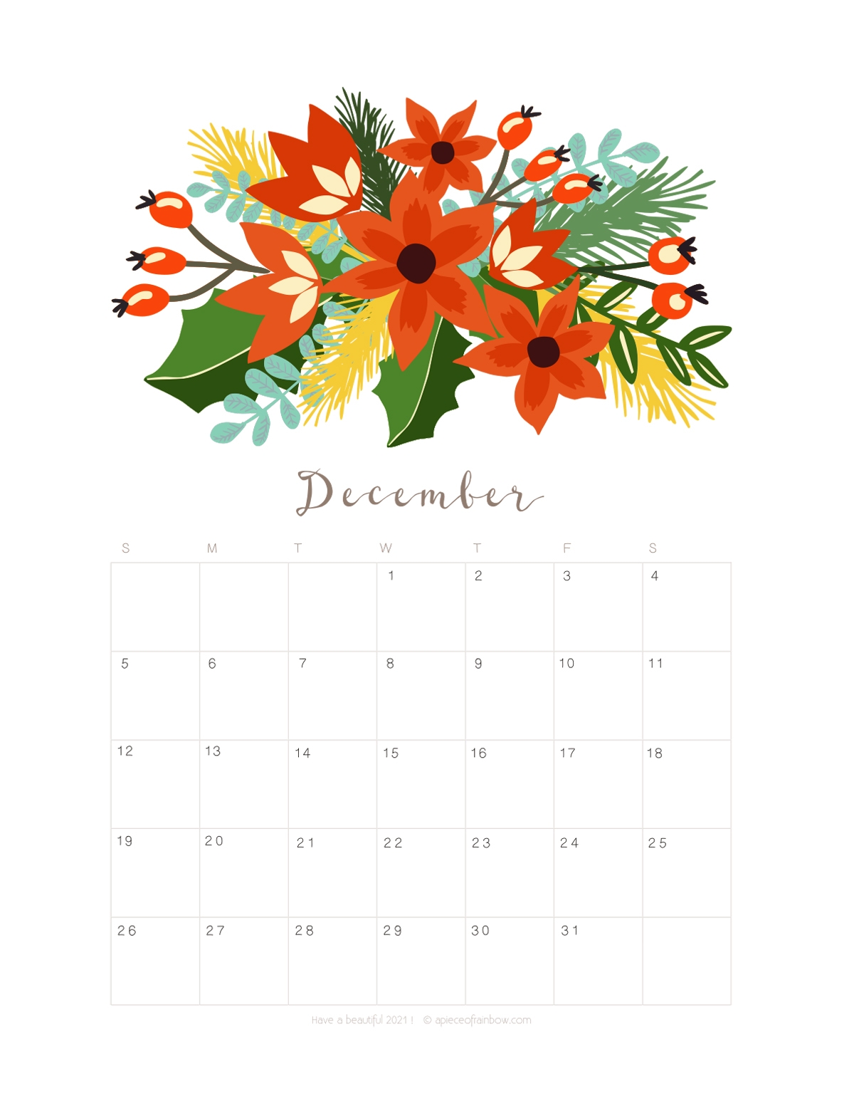 Printable December 2021 Calendar Monthly Planner 2 Designs Flowers Modern A Piece Of Rainbow