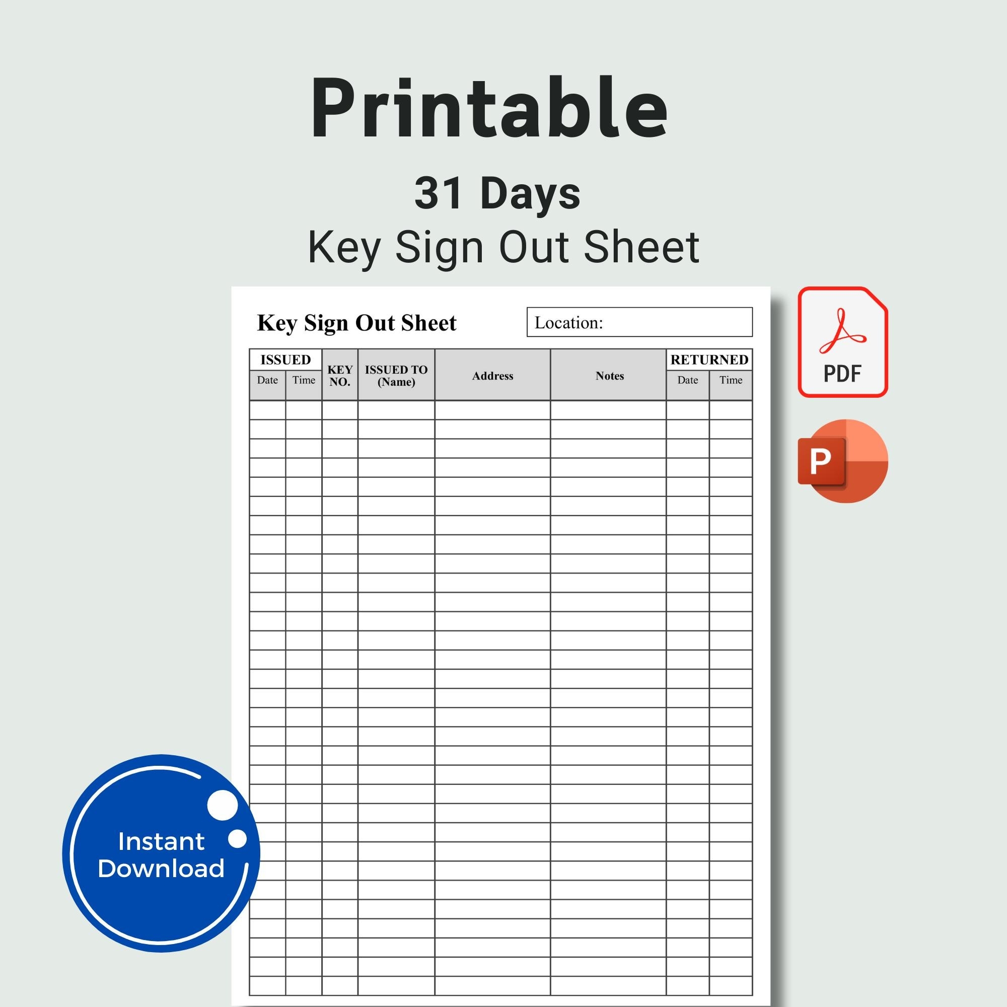 Printable Key Sign Out Sheet Key Control Log PDF Powerpoint JPEG Etsy