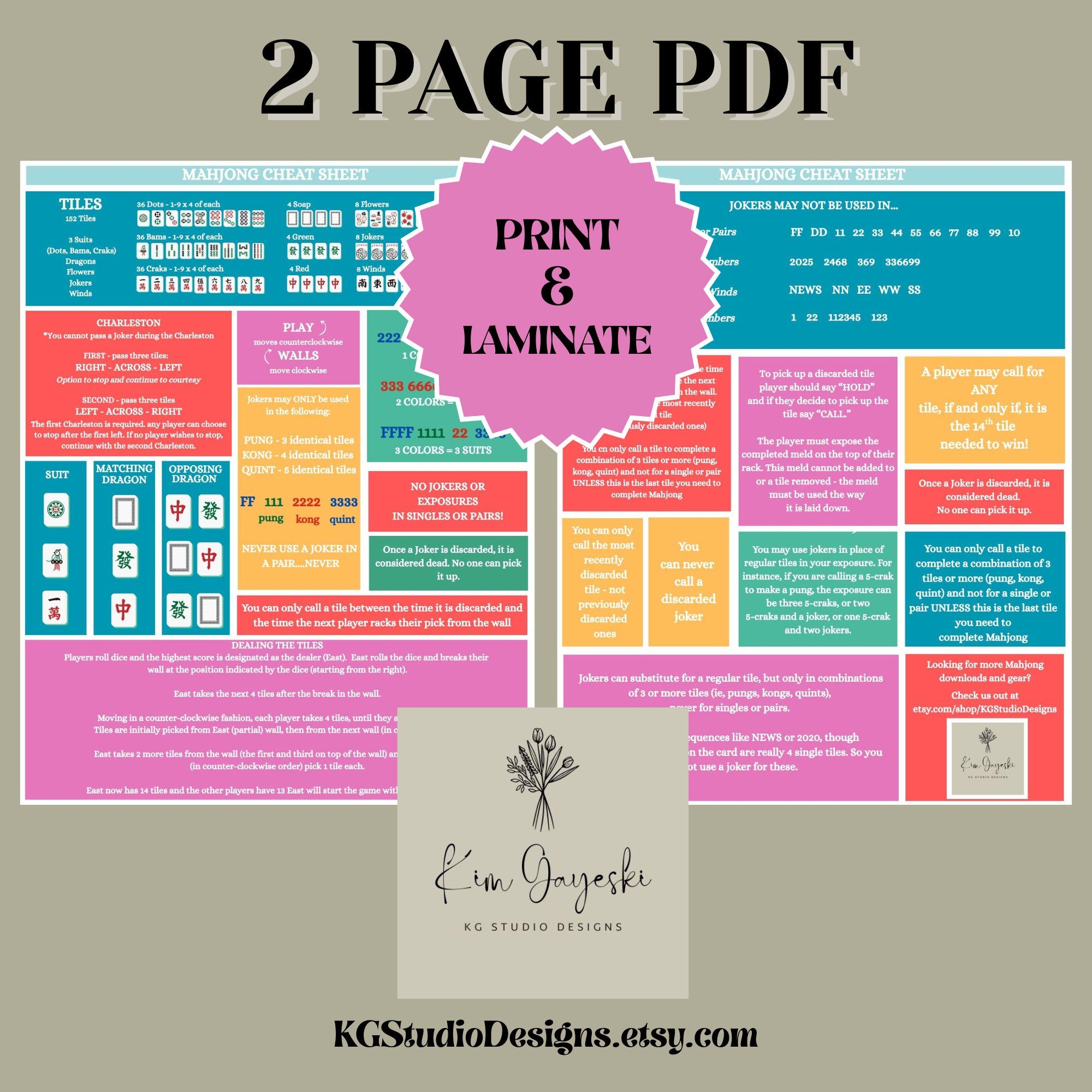 Printable Mahjong Cheat Sheet Beginner s Guide PDF PNG Files Etsy Canada