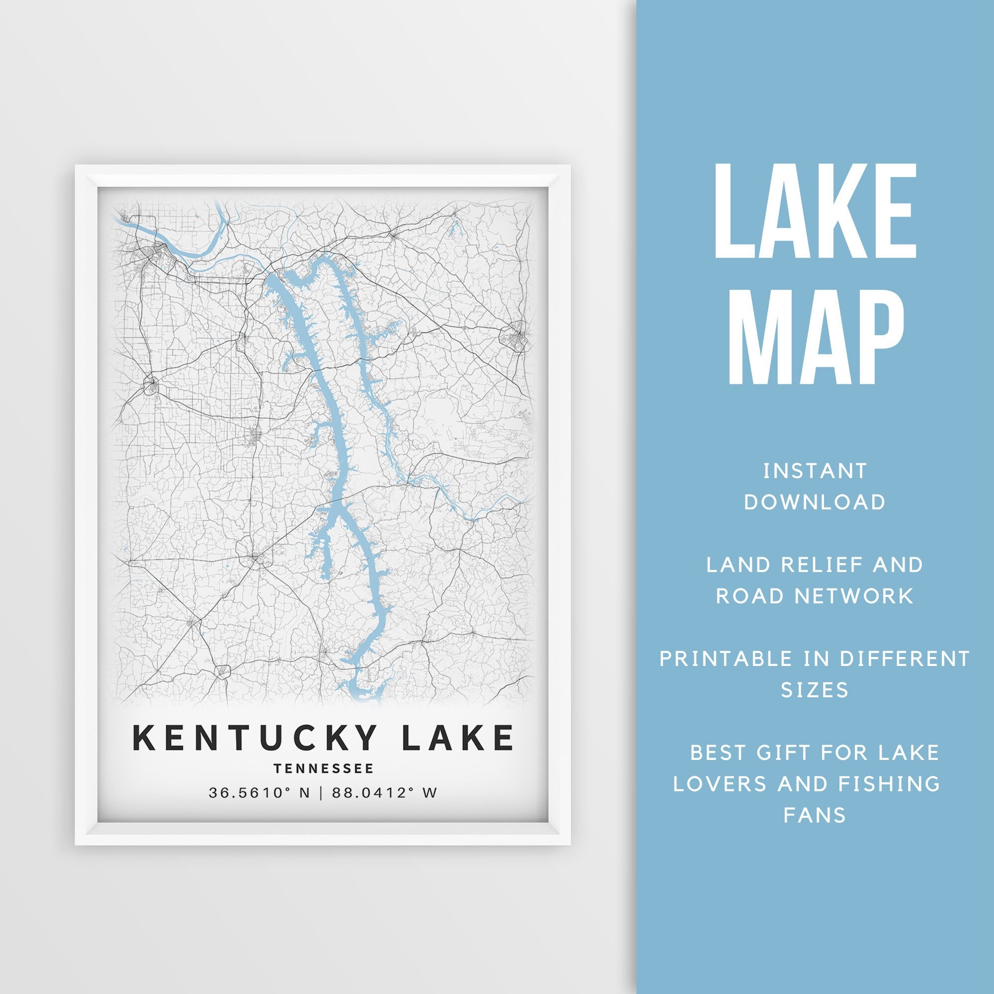 Printable Map Kentucky Lake Tennessee US Instant Download Lake Map Wall Art Fishing Poster Lake House Decor Lakelife Boating Etsy