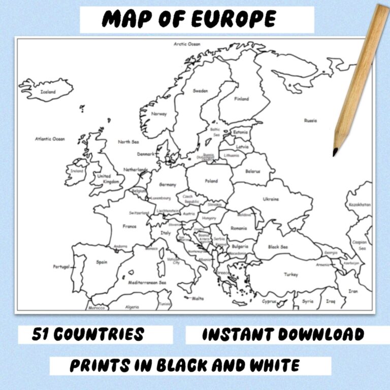 Printable Map Of Europe Black And White Etsy