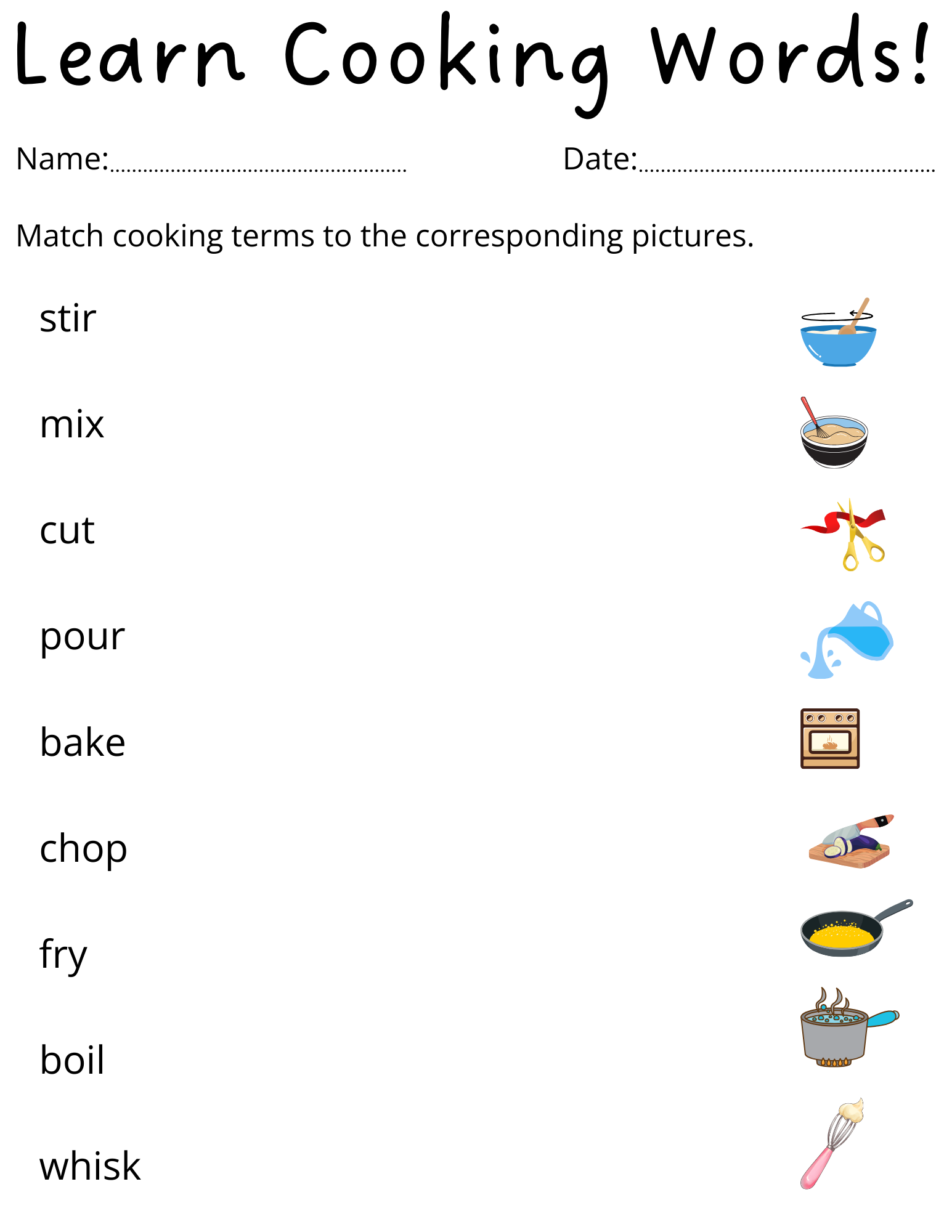 Printable Matching Cooking Terms Worksheet For Kids Teaching Resources