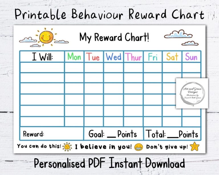 Printable PDF Reward Chart Personalised Instant Download Kid s Behaviour Chart Sun And Clouds Encouragement Chart Etsy