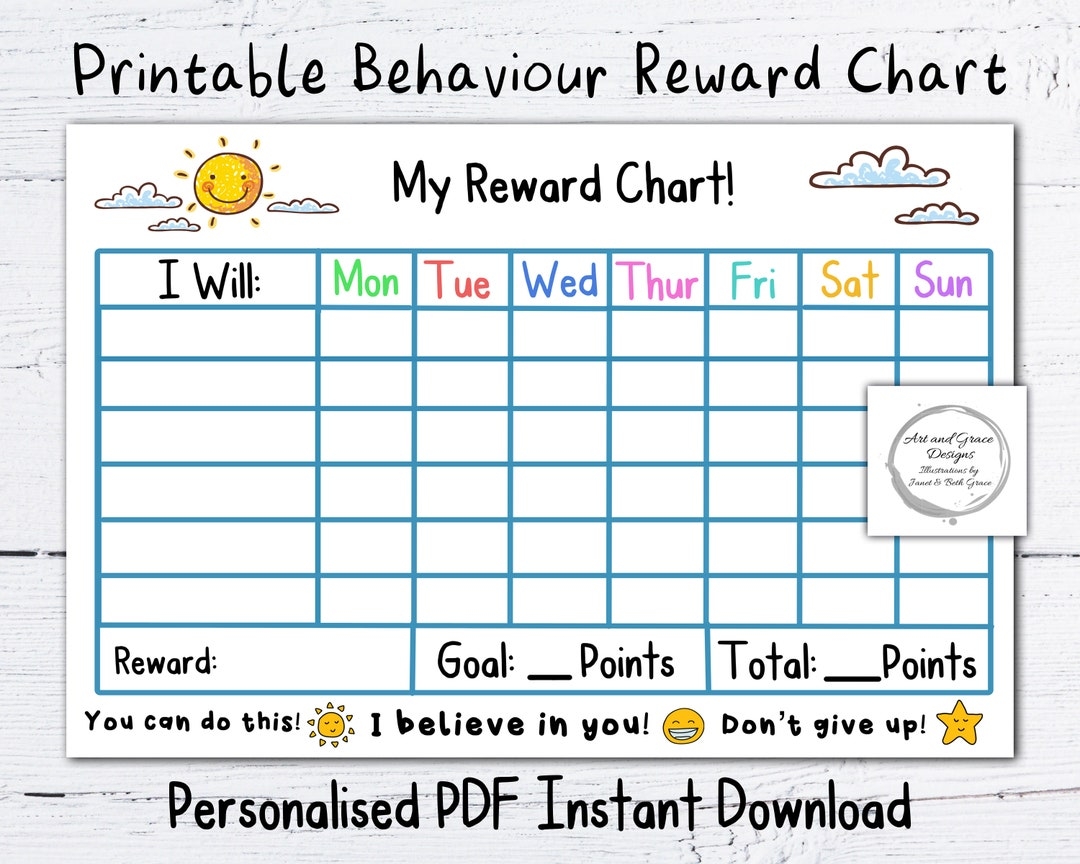 Printable PDF Reward Chart Personalised Instant Download Kid s Behaviour Chart Sun And Clouds Encouragement Chart Etsy