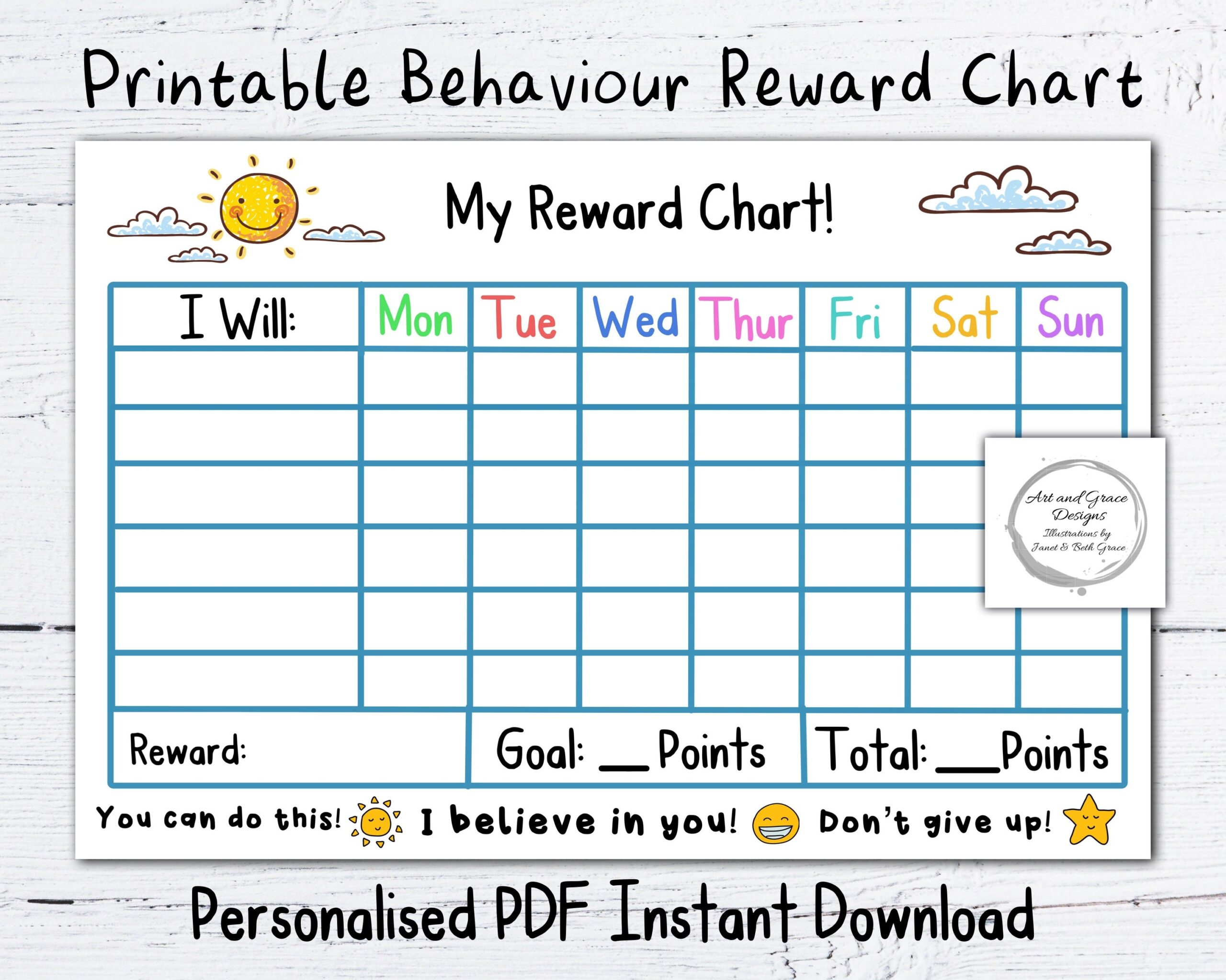 Printable PDF Reward Chart Personalised Instant Download Kid s Behaviour Chart Sun And Clouds Encouragement Chart Etsy