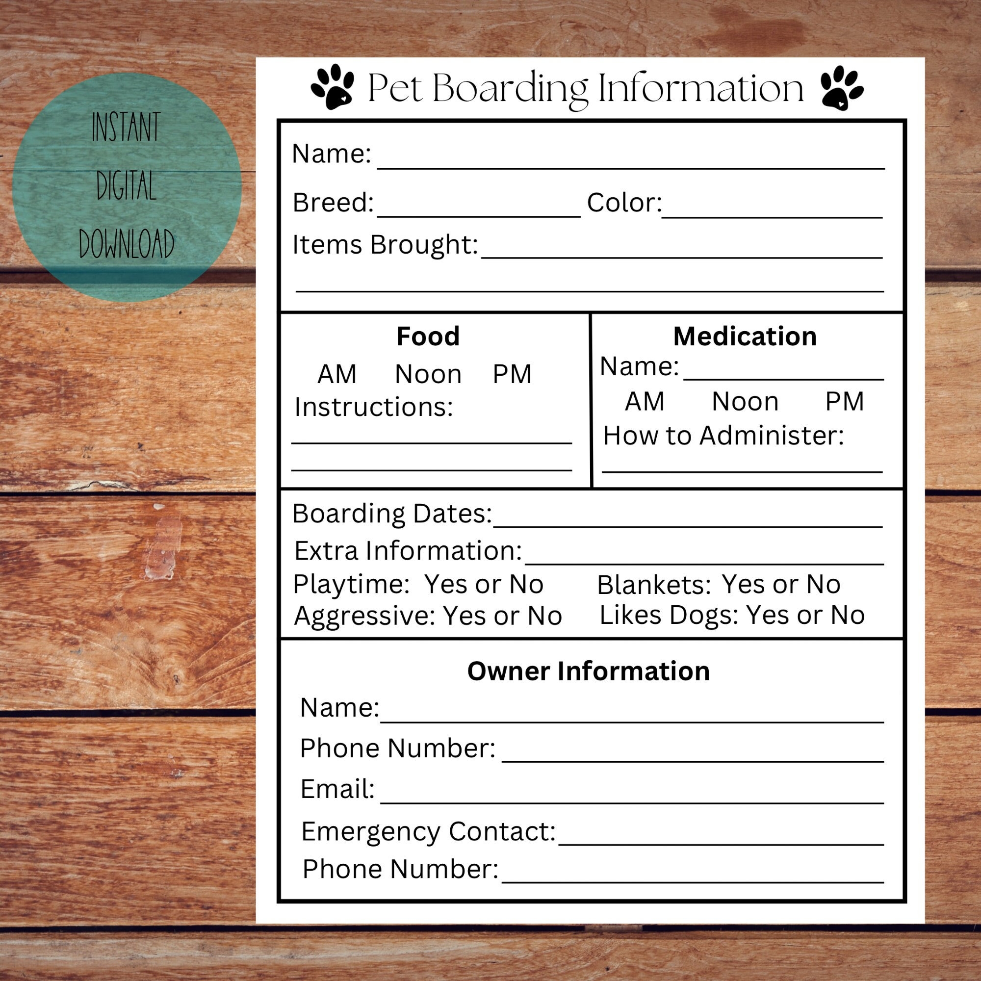 Printable Pet Boarding Information Guide Digital Download Etsy