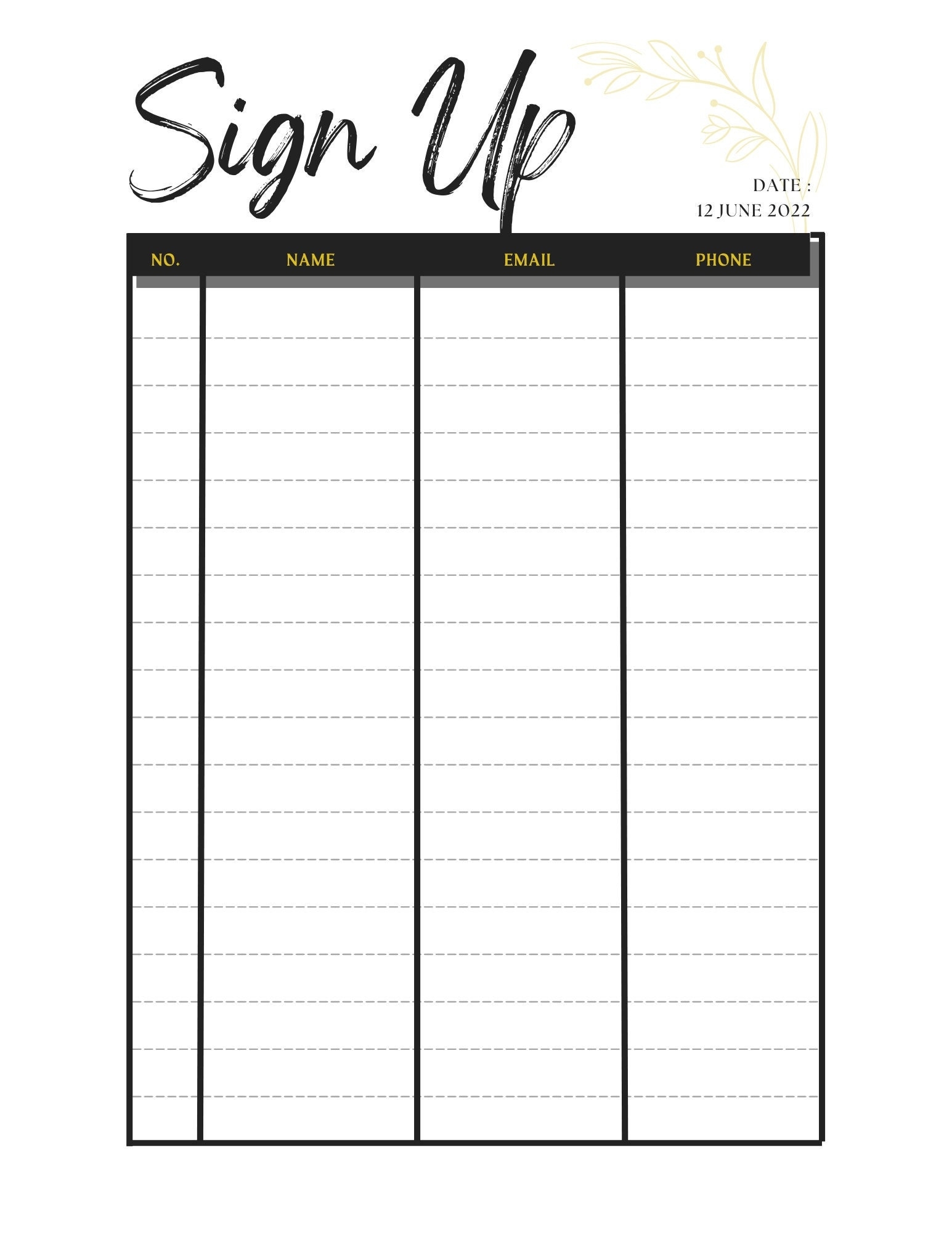 Printable Sign Up Sheet