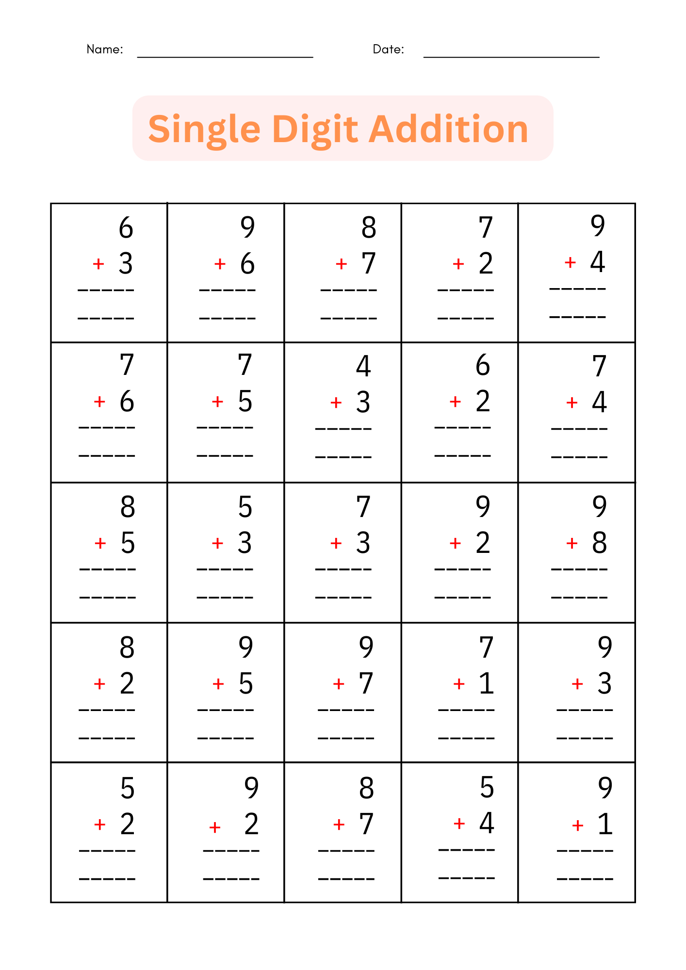 Printable Single Digit Addition Worksheets