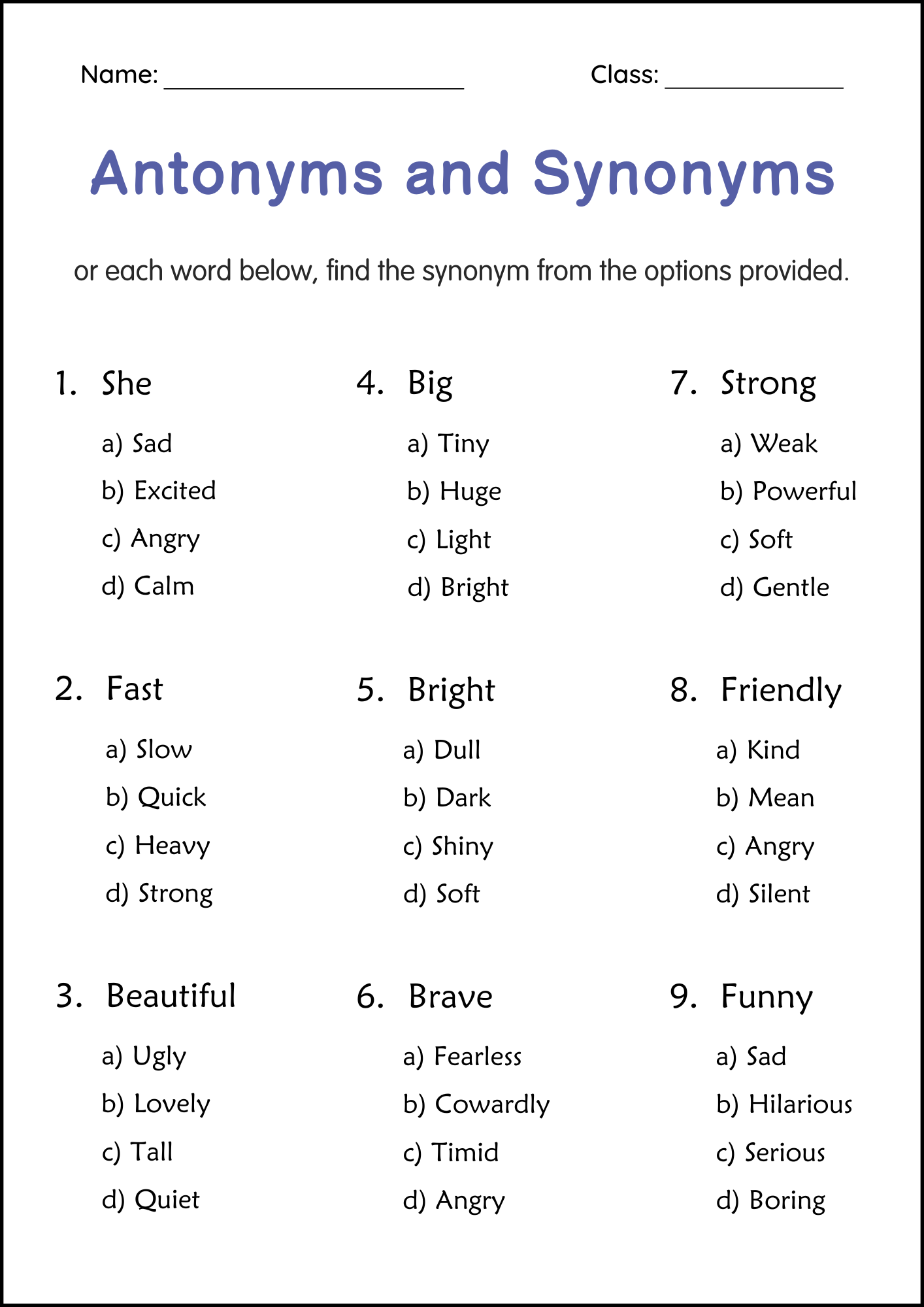 Synonyms And Antonyms Printable Worksheets