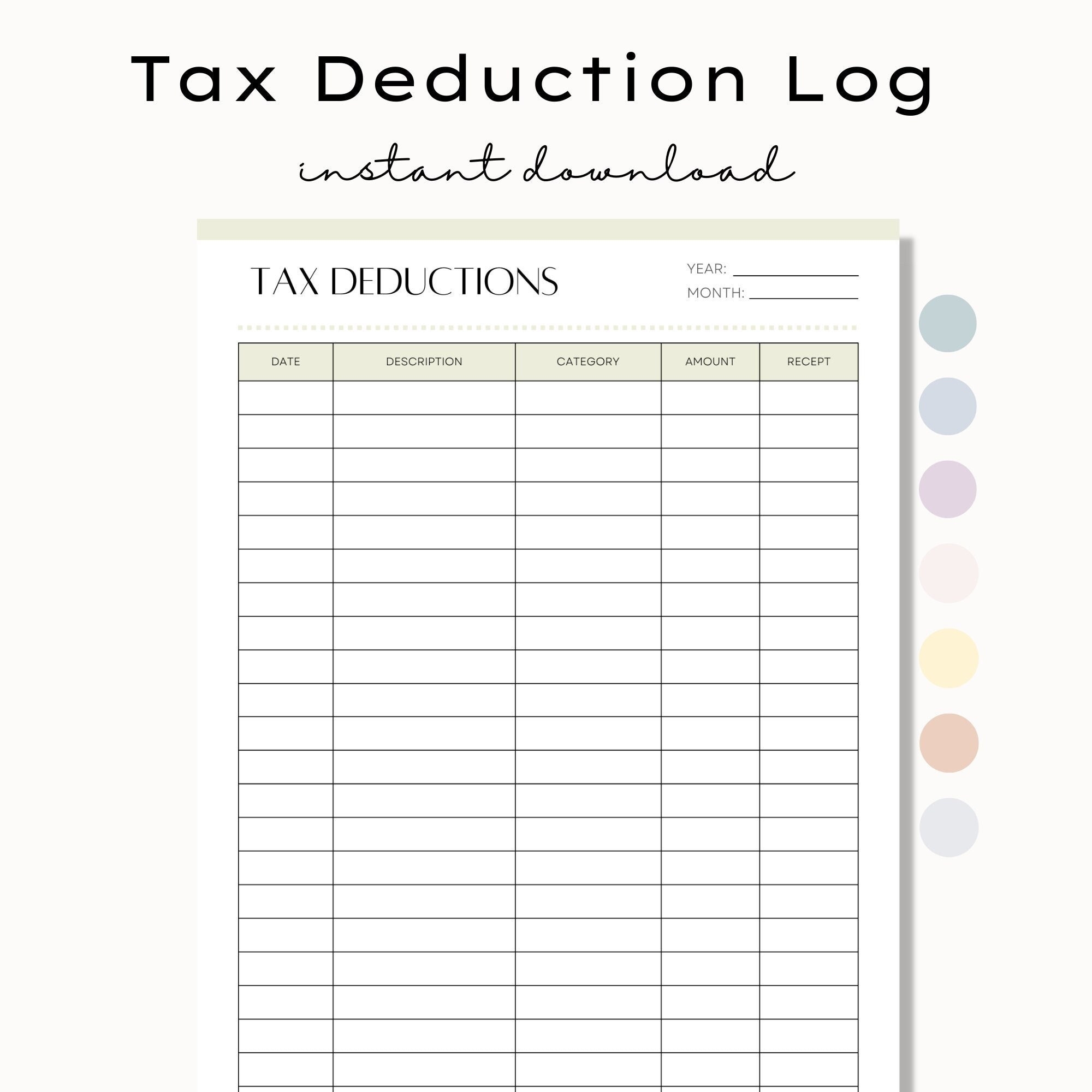 Printable Tax Deduction Tracker Tax Deduction Log Business Tax Log Online Sales Tax Form Financial Planner Instant Download PDF Etsy