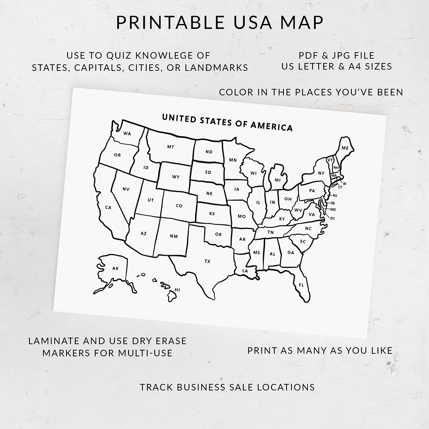 Printable USA Map US States With Abbreviations United States Map Coloring Page Places I ve Been Sales Map Tracker US Letter A4 Sizes Etsy