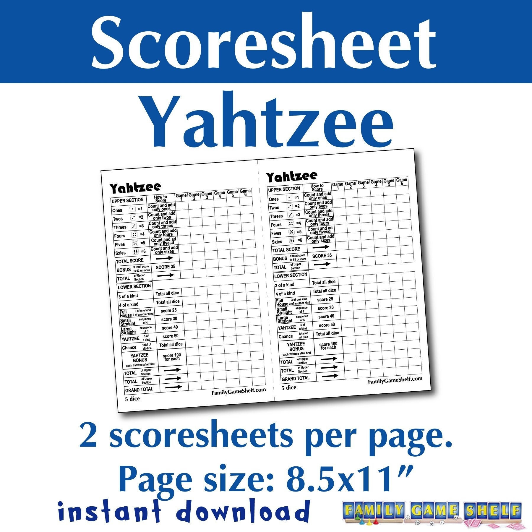 Printable Yahtzee Score Sheet Print At Home Yahtzee Score Card For Family Game Night Etsy