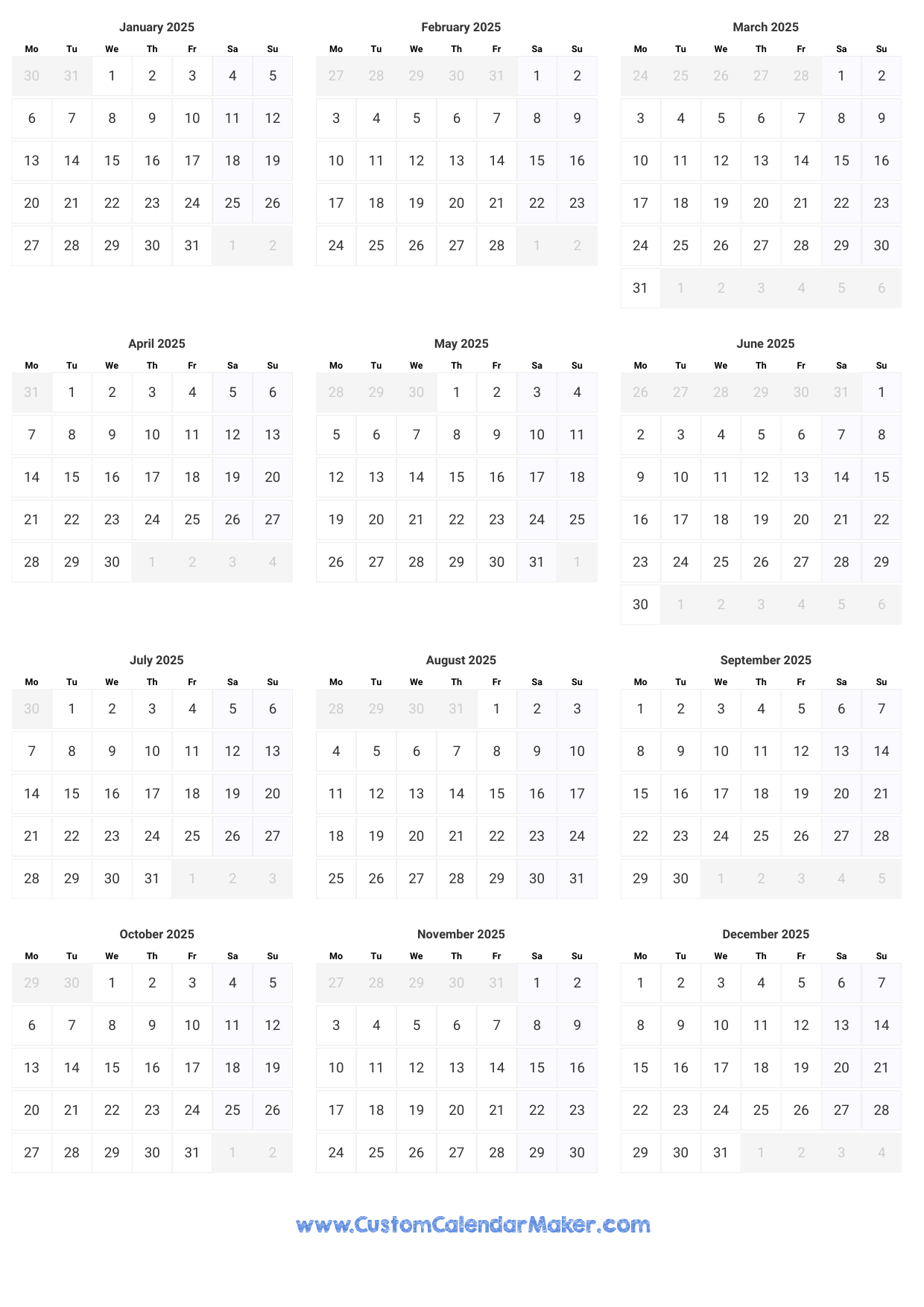 Yearly Calendar Printable Pdf