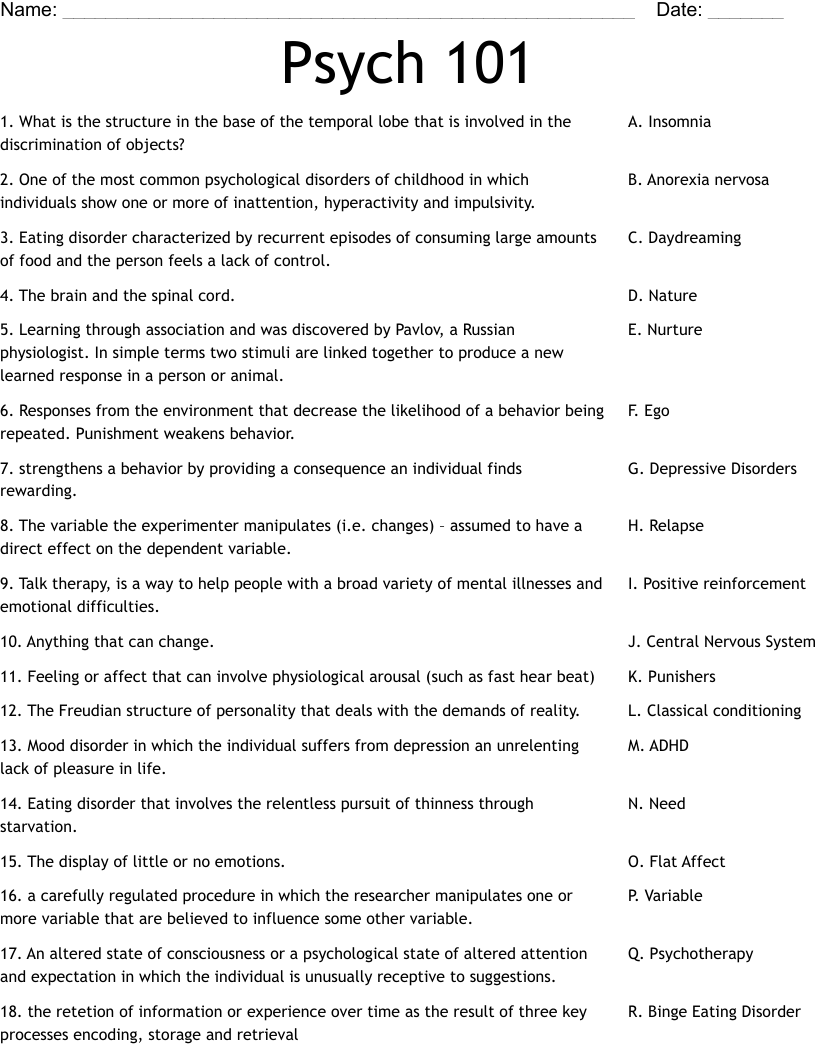 Psych 101 Worksheet WordMint