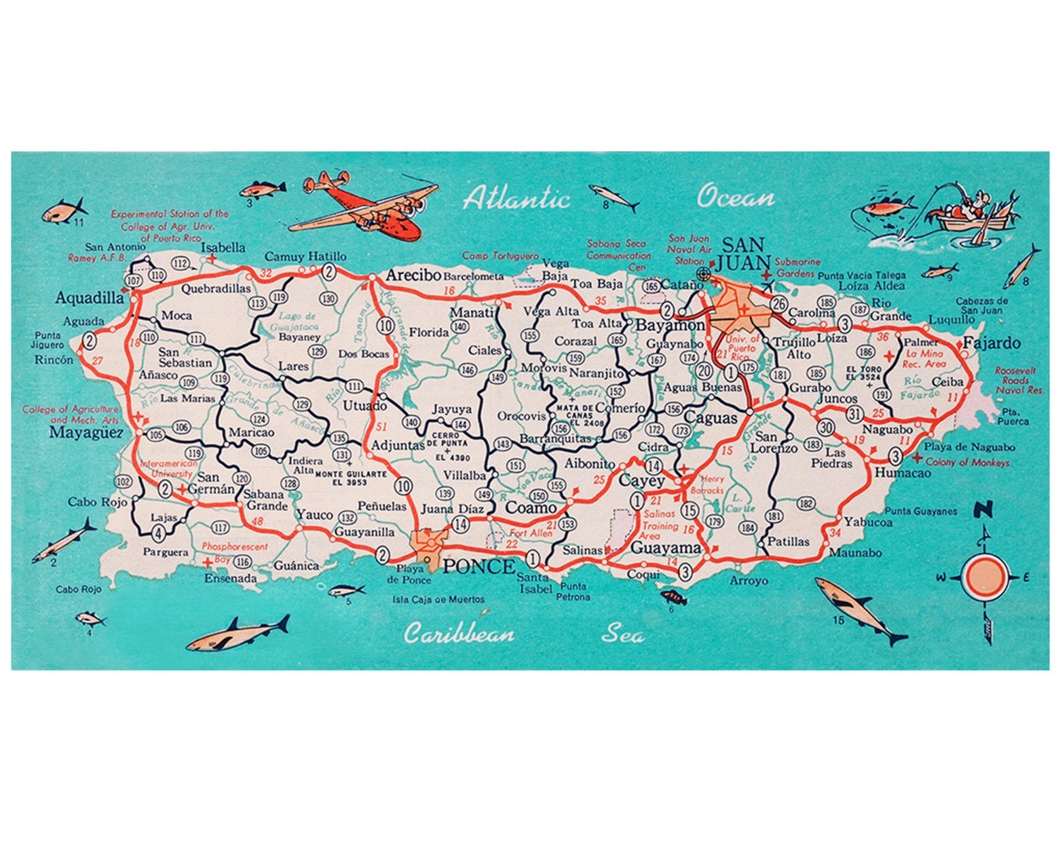 Puerto Rico Retro Beach Map Panoramic Print Funky Vintage Turquoise Photo Moving Housewarming Gift San Juan