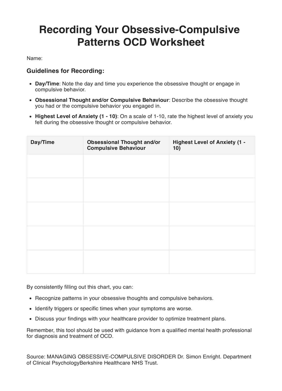 Recording Your Obsessive Compulsive Patterns OCD Worksheet