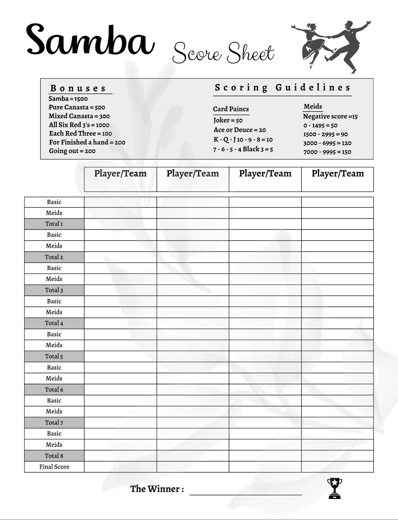 Samba Score Sheet Canasta Card Game Printable PDF Game Scorecard Digital Download Etsy Finland
