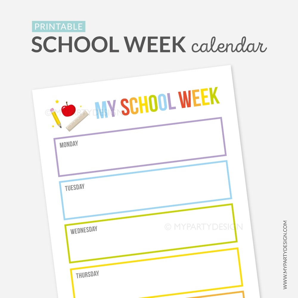 School Week Calendar For Kids Printable PDF My Party Design
