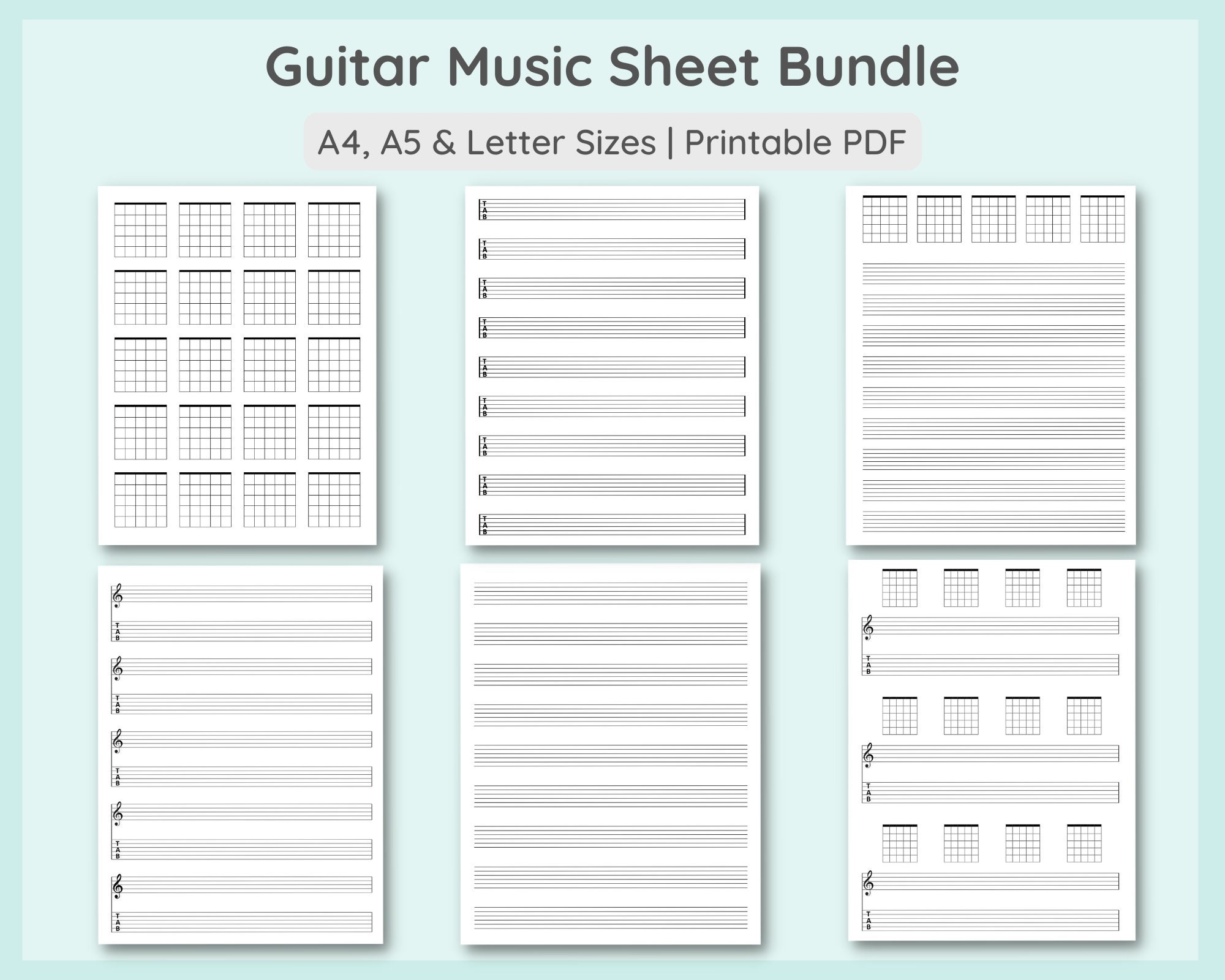 Set Of 6 Printable Guitar Music Sheet Bundle 18 Templates Guitar Chord Tab Music Paper Guitar Tablature A4 A5 Letter PDF Download Etsy