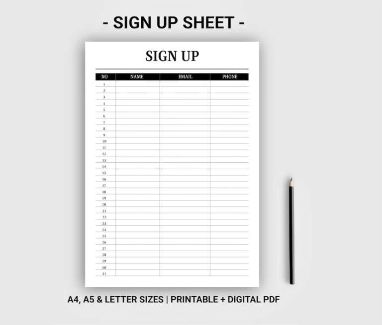 Sign Up Sheet Printable Digital Sign Up List Sign Up Form Sign In Template Instant Download Etsy