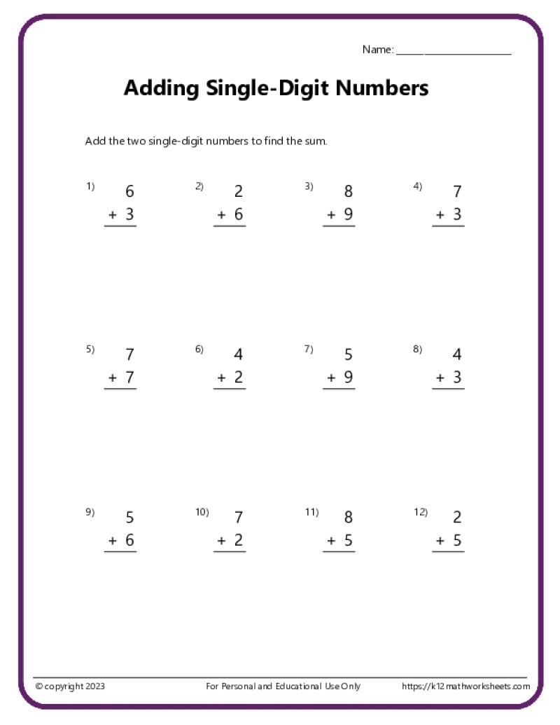 Single Digit Addition Worksheets Printable Math Resources