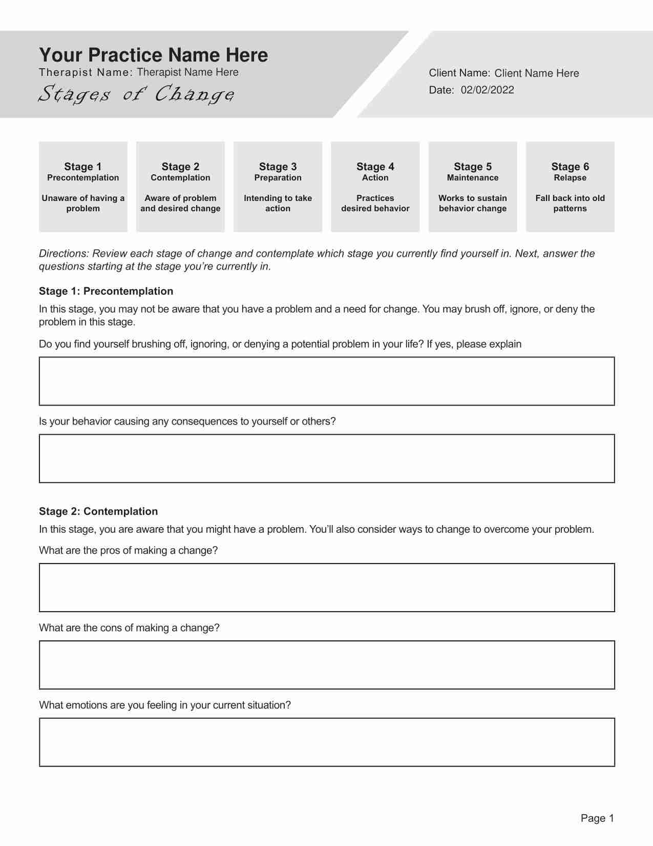 Stages Of Change Worksheet PDF Editable Fillable Printable TherapyByPro Stages Of Change Worksheet PDF Editable Fillable Printable TherapyByPro