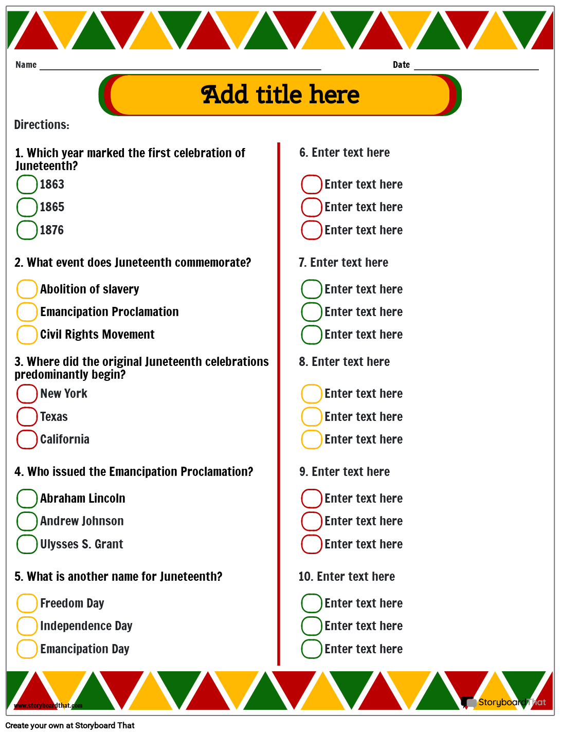 Storyboard That Free Juneteenth Worksheets For Kindergarten And Up