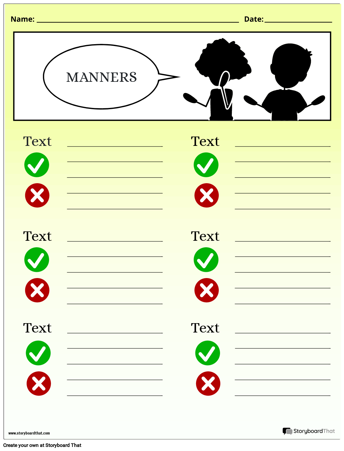 Storyboard That Free Manners Worksheet Templates