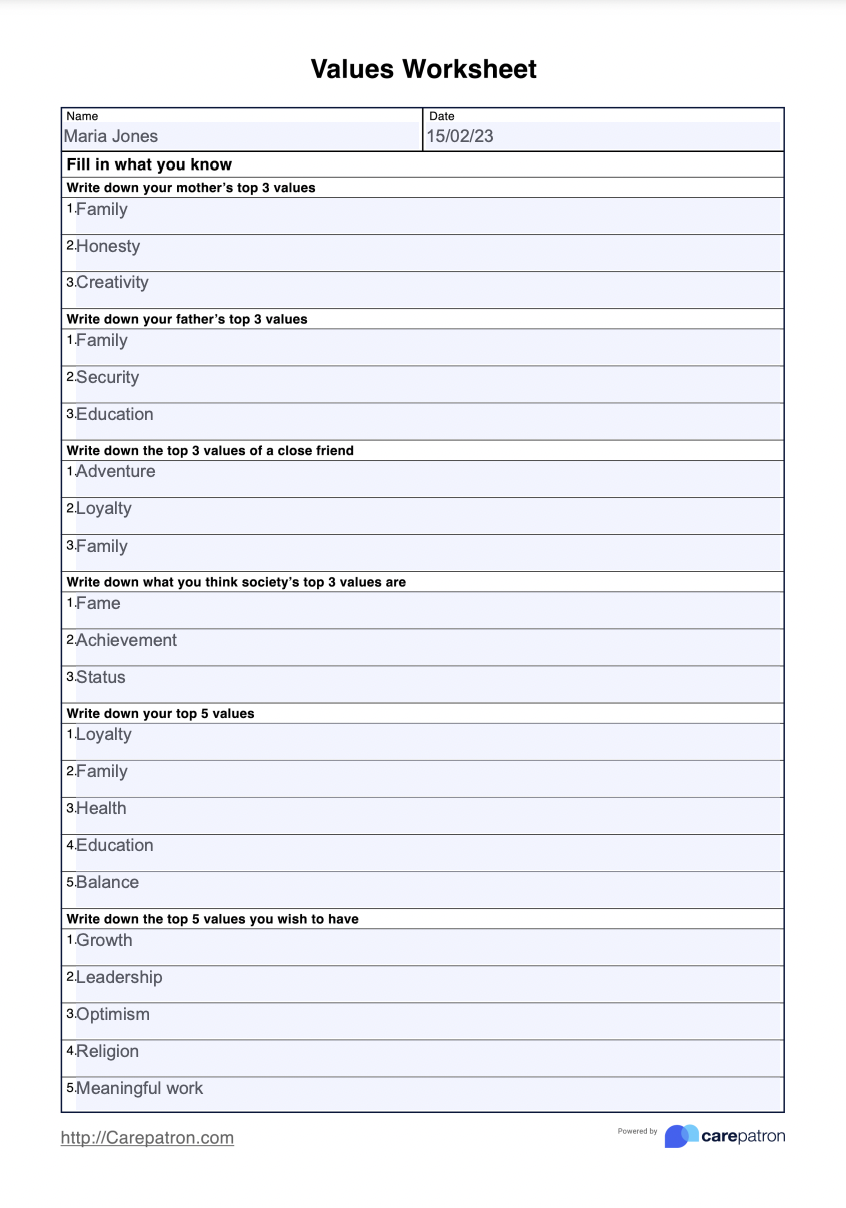 Values Worksheet Example Free PDF Download Worksheets Library