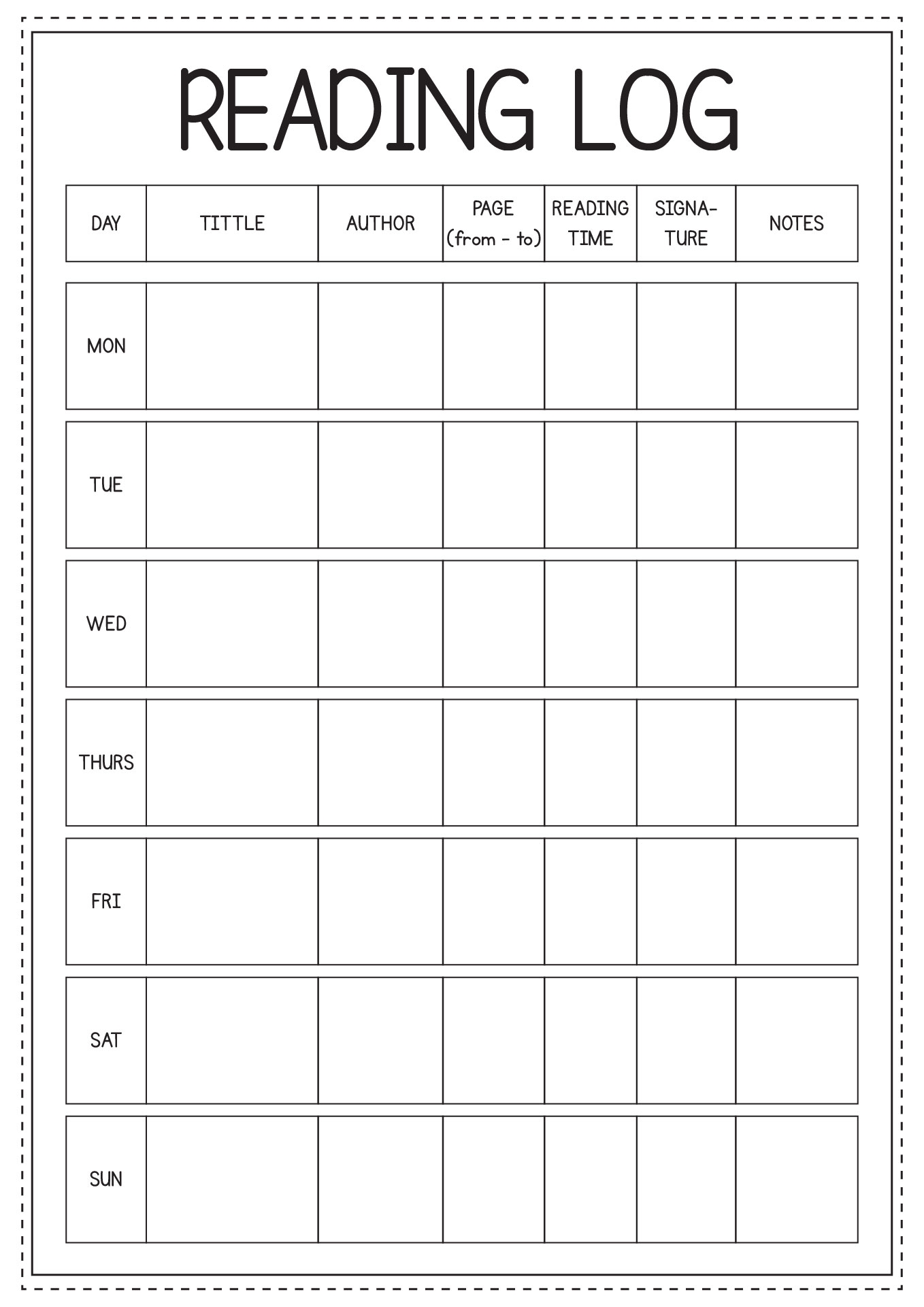 Weekly Reading Log Printable Printable Party Favors