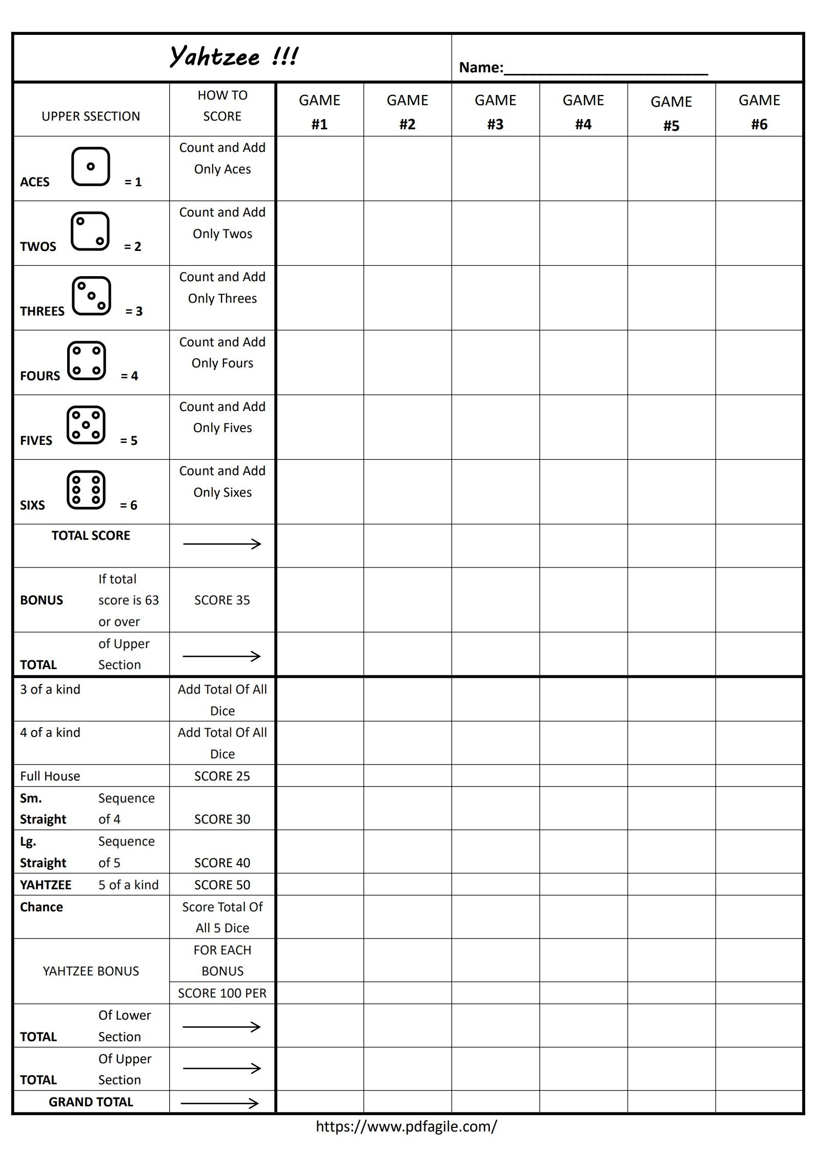 Yahtzee Scoresheet Template PDF Agile