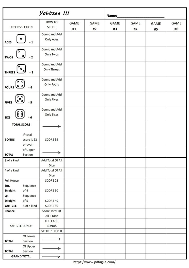 Yahtzee Scoresheet Template PDF Agile