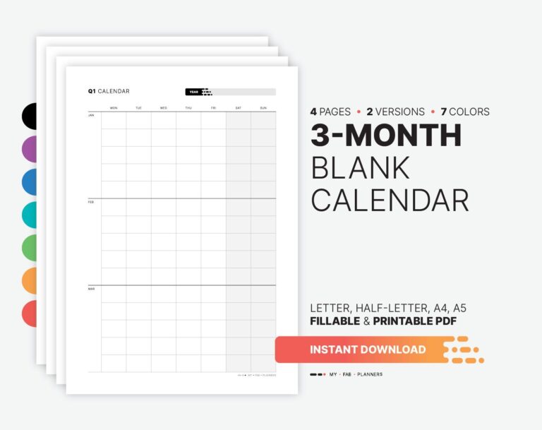 Yearly 3 month Calendar Quarterly Fillable Planner Template 