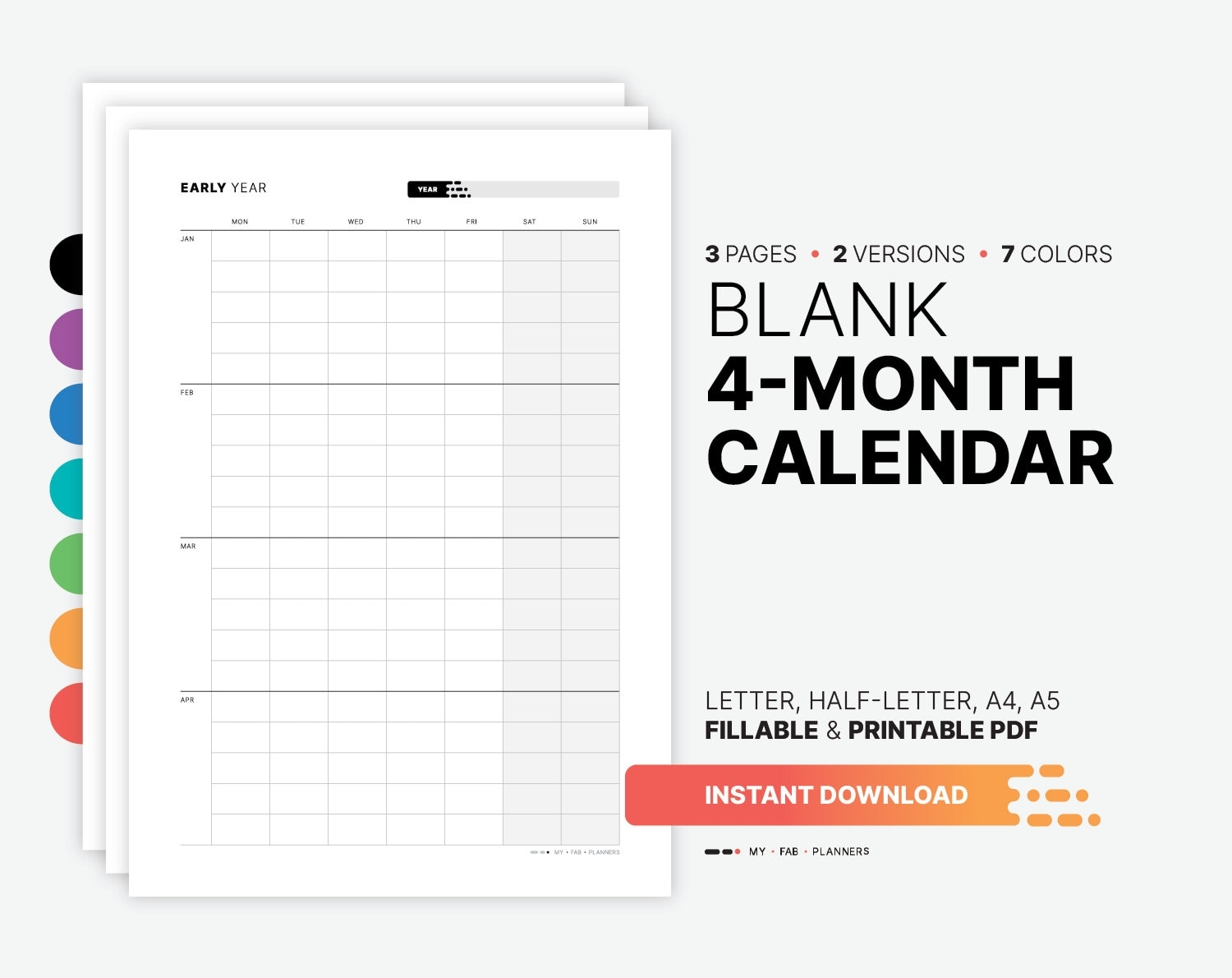 Yearly 4 month Calendar Fillable Planner Template Blank Yearly 