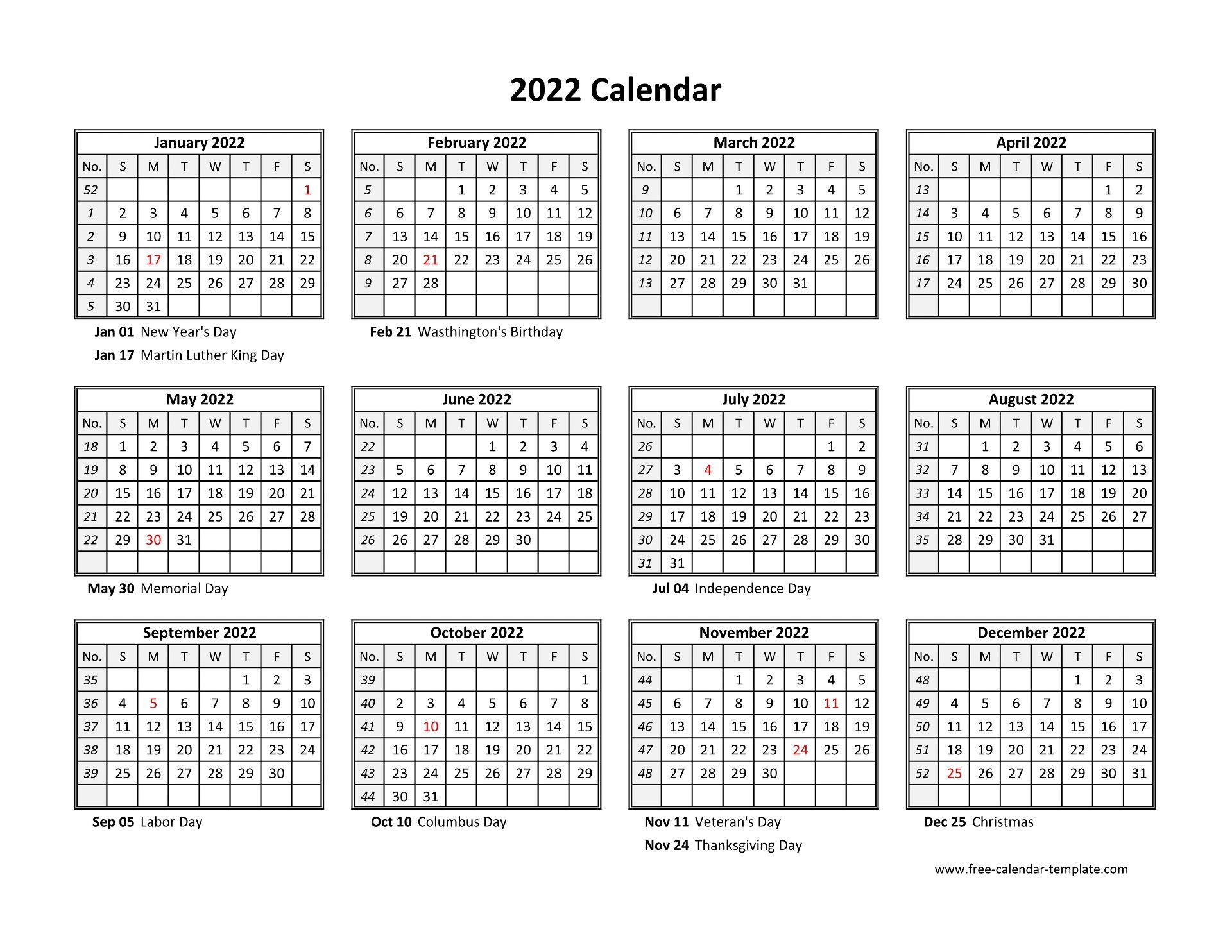 Yearly Calendar 2022 Printable With Federal Holidays Free calendar Template Yearly Calendar 2022 Printable With Federal Holidays Free calendar Template