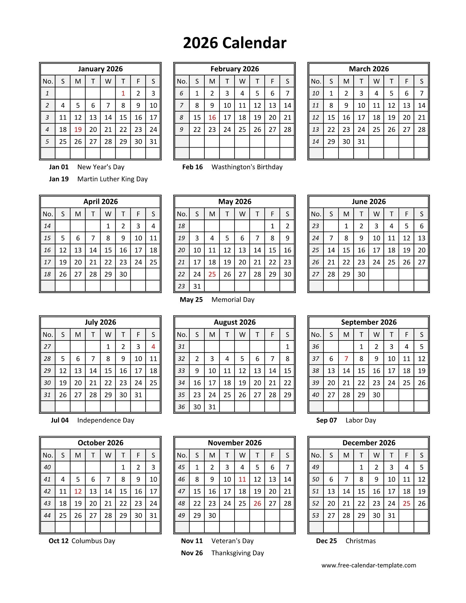 Yearly Printable Calendar 2026 With Holidays Free calendar template